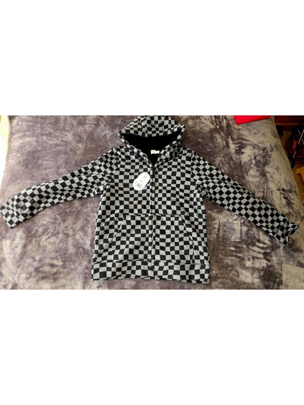 Kids black and white checkerboard sherpa lined hoodie XL 14/16